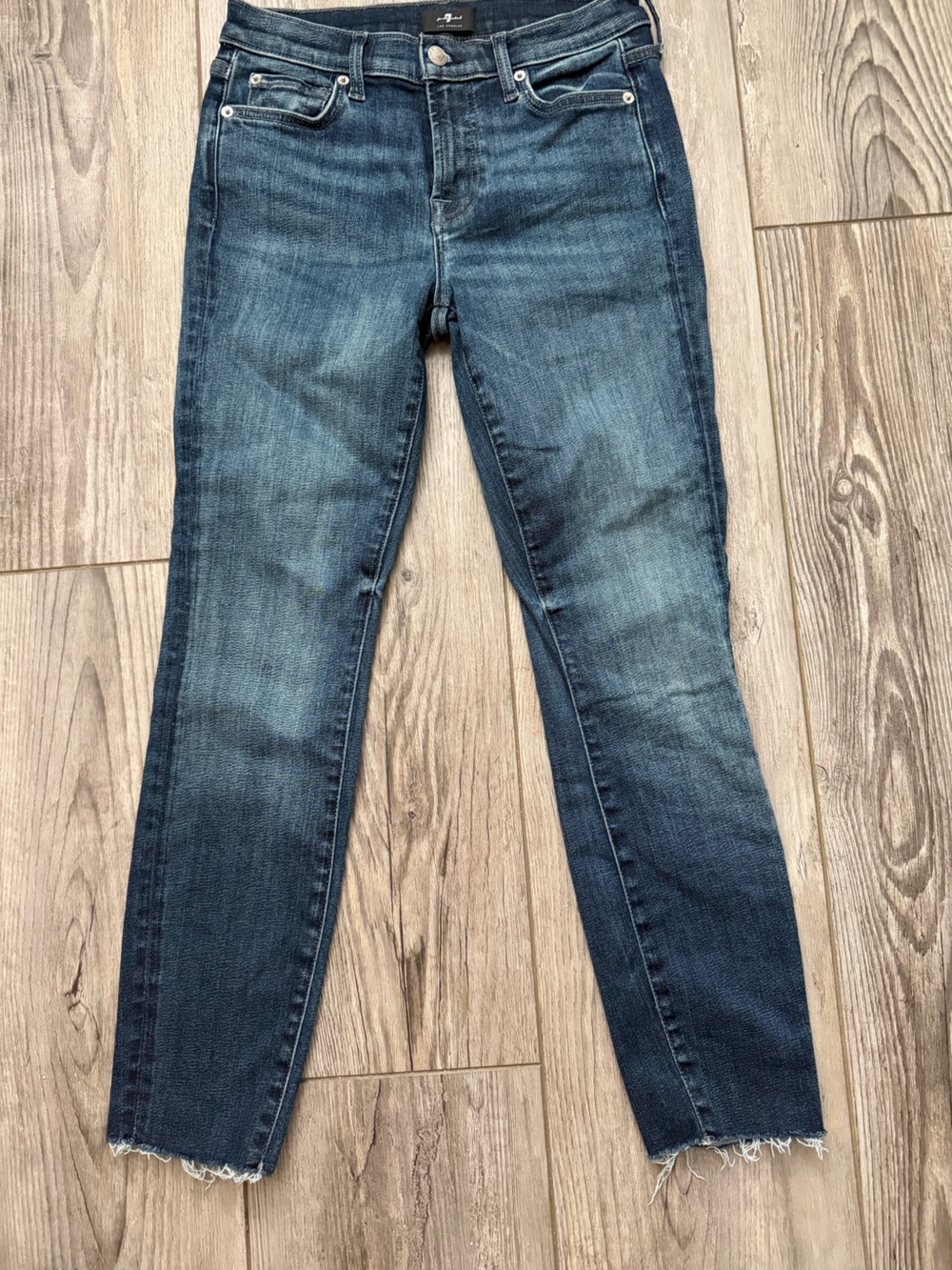 7 For All Mankind The Ankle Skinny Jeans FibreTrace Raw Hem Sz 26 Dark Wash